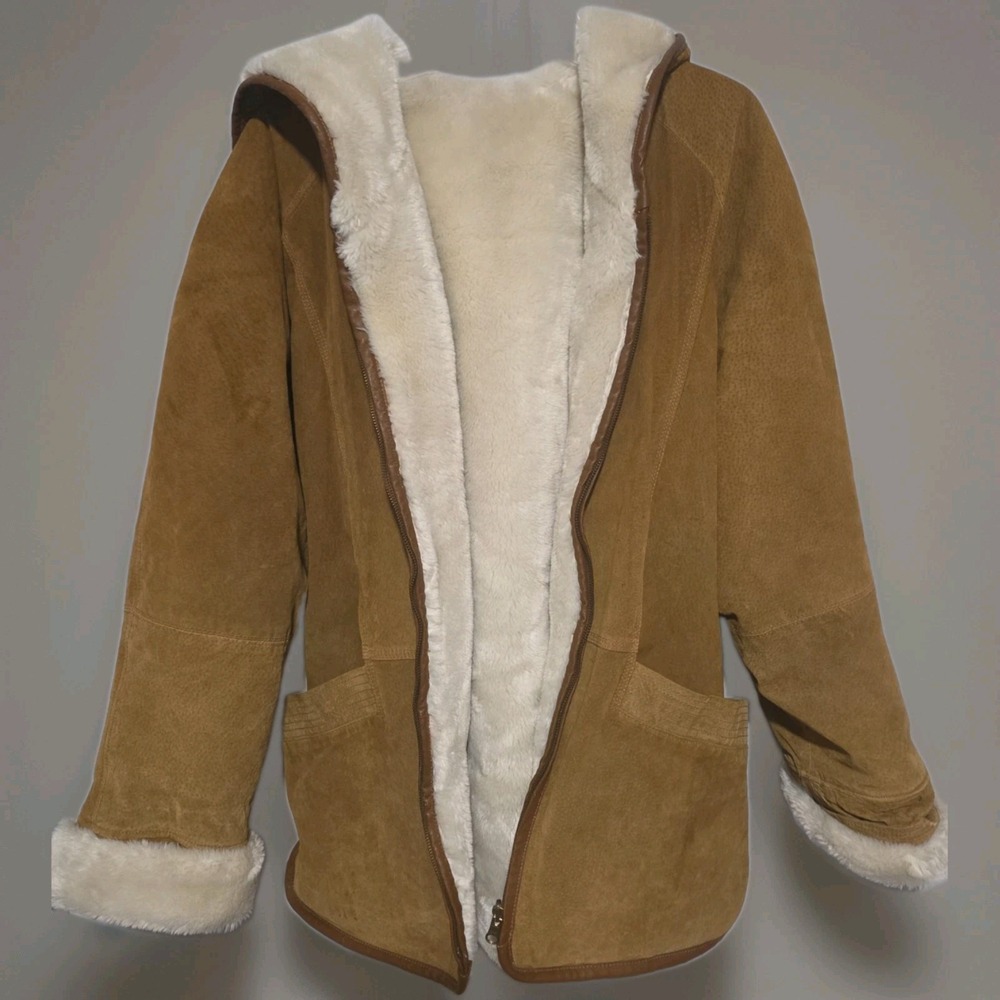 Vtg Comint Suede Hooded Jacket Faux Shearling reversible Boho Cabin Chic Size S